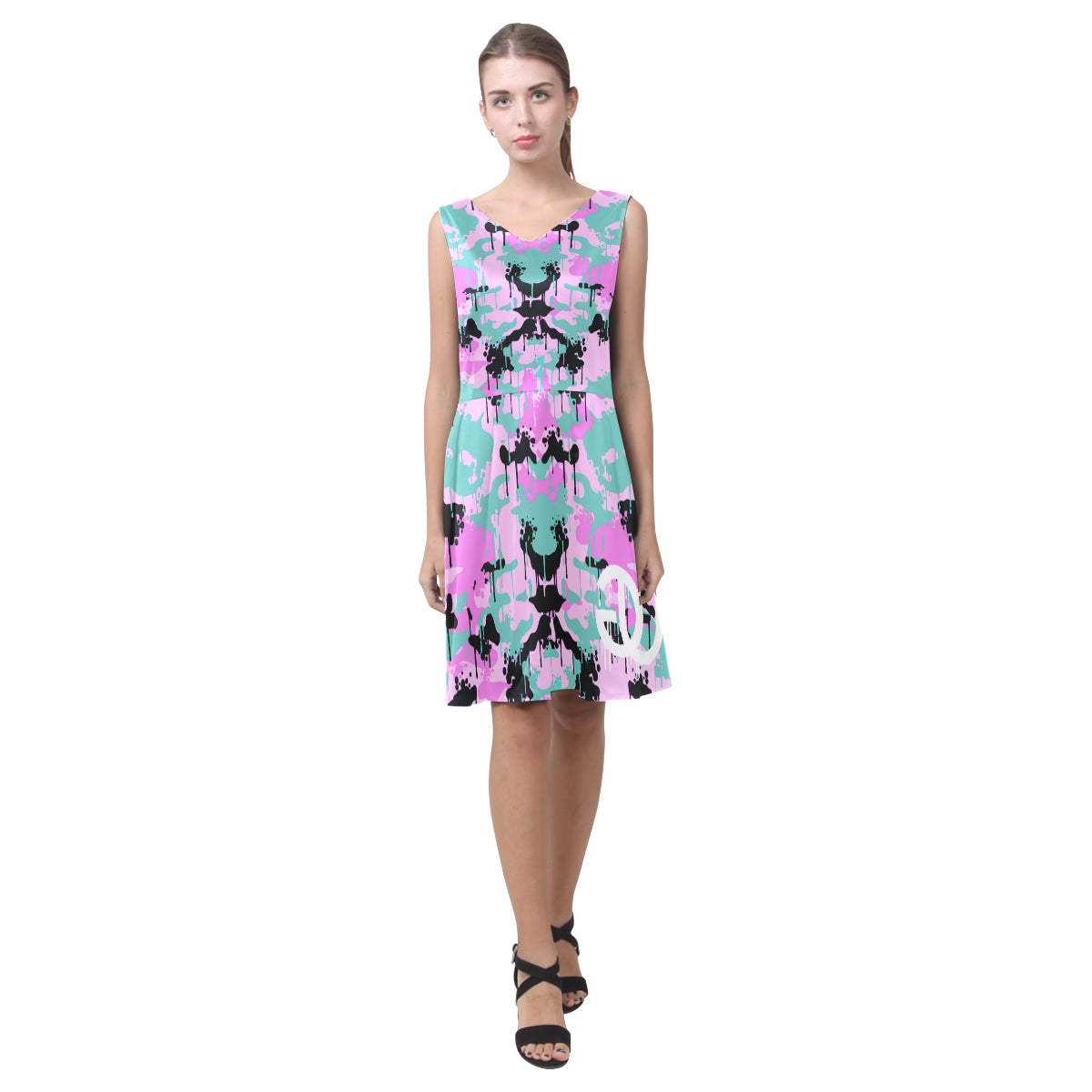 Teal/Pink Camo Drip Pleated Sleeveless Dress